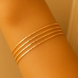 14k Gold Hammered Thin Skinny Bangle Bracelet – Solid Gold Texture, Minimalist